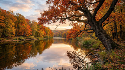 Obraz premium Scenic Autumn Landscape with Calm River and Colorful Fall Foliage