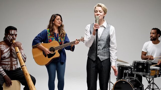 Diverse Musical Ensemble Performing Together With Guitar, Drums, Didgeridoo, and Vocals