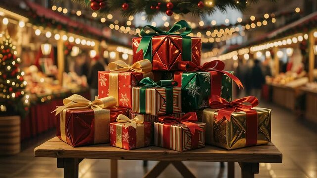 Christmas presents stacked on wooden table with festive market lights and decorations in background