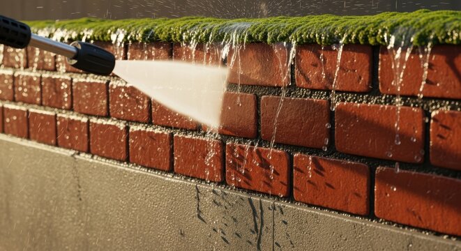 Pressure washer cleaning moss from red brick wall with green algae