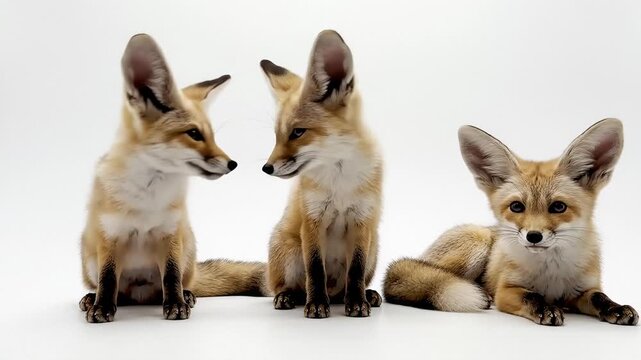 Three Adorable Fennec Fox Kits With Large Ears Posing Together on White Background
