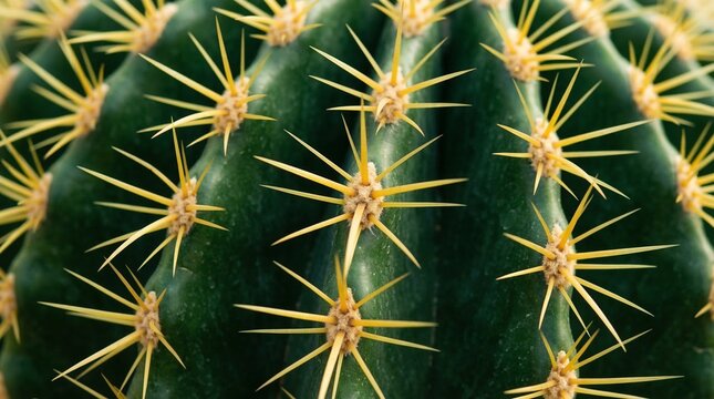 Cactus Needle Patterns: Macro of a Golden Barrel Cactus, focusing on the rhythmic yellow spine clusters (areoles) against the deep ribbed green skin.