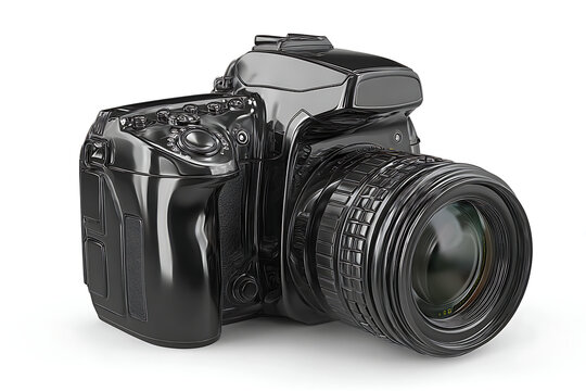 Digital SLR camera with telephoto lens on white background