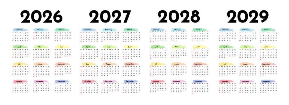 Set of calendars for 2026, 2027, 2028 and 2029 on a white background