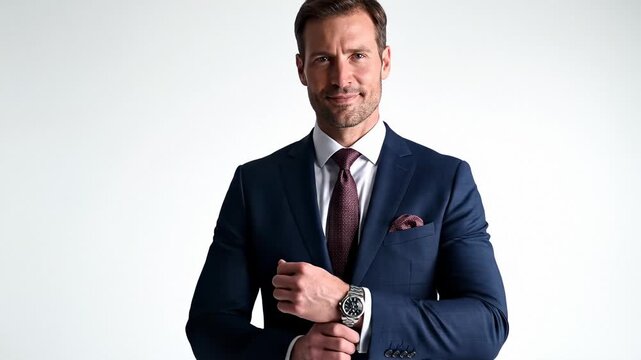 Confident Businessman in a Navy Blue Suit Adjusting His Watch