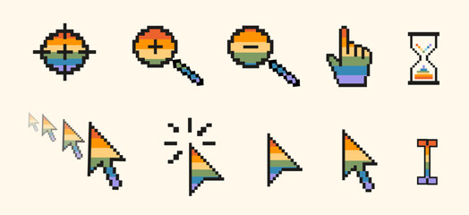 Pixel art retro computer cursor icon set in rainbow pride colors. Inclusive 8-bit nostalgic LGBTQ UI elements. Mouse pointers, hourglass, magnifying glass for digital pride events. Vector illustration