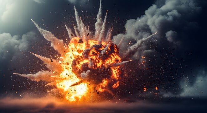 Intense fireball detonation with flying debris and smoke plumes against dark sky backdrop creating high contrast action shot of industrial mishap or military strike with realistic textures