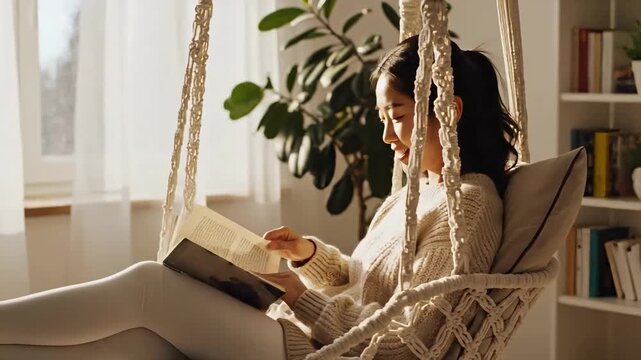 Young Asian woman reading a book in a macrame hanging chair. Relaxing at home in natural sunlight. Cozy lifestyle
