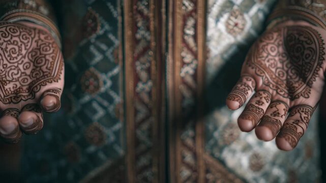 Close-up of Intricately Mehandi Decorated Groom Hands for Wedding and Cultural Celebrations