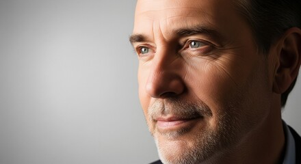 Obraz premium Mature Man with Blue Eyes and Beard Looking Sideways, Close-Up Portrait Photography, Professional Headshot for Business and Lifestyle Use