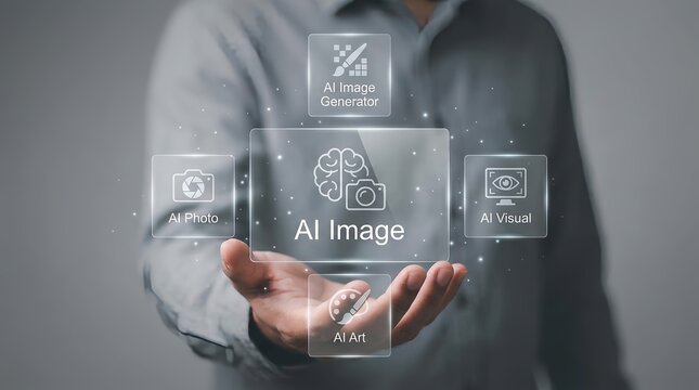 A person holds an AI image icon in their hand with various related technologies floating around it