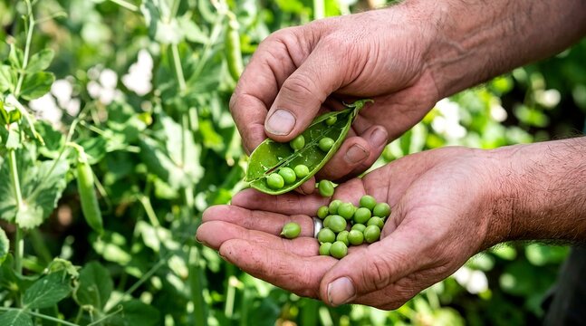 Fresh green peas being harvested from pod in hands outdoors  