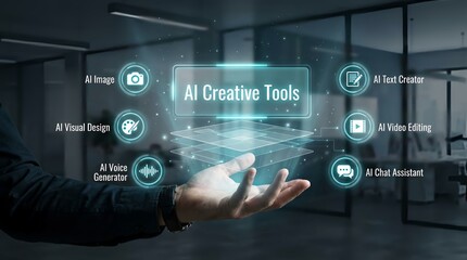 Fototapeta premium A person in a dark office environment interacting with a futuristic AI creative tools interface that is hovering above their hand