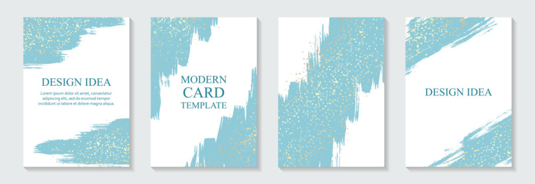 Blue paint brush strokes and golden splashes on white background. Modern grunge luxury wedding invitation design or card templates for business or poster or greeting.