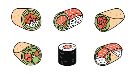 Salmon Sushi Burrito Line art creative vibrant abstract tone vector