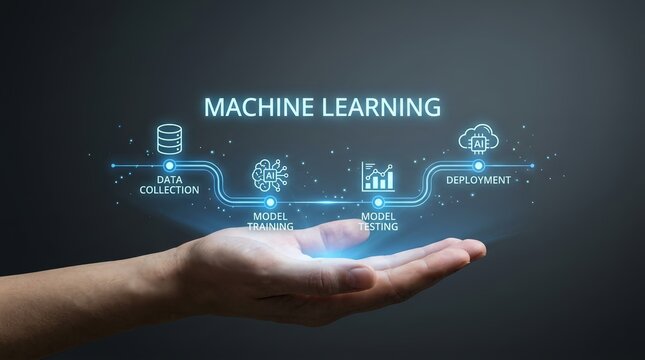 A hand holding a glowing blue flowchart illustrating the machine learning process including data collection model training model tuning and deployment