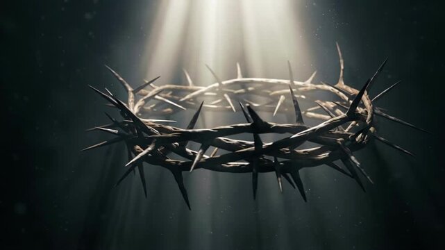 Highly detailed 3D woven crown of sharp thorns slowly rotating in a dark atmospheric space, perfect for dramatic Easter religious documentary intros.