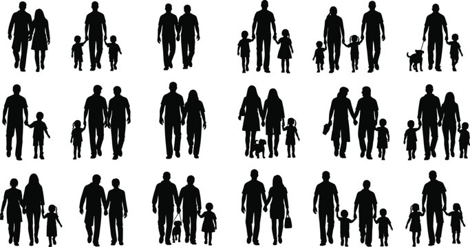 Family walking silhouettes set with parents children and pets isolated vector illustration representing love parenting lifestyle relationship and togetherness