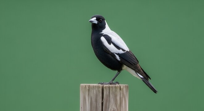 Close-Up of Black and White Bird Perched on Wooden Post Against Green Background