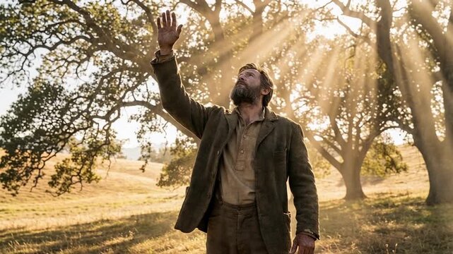 Historically accurate man showing detailed physical features raising his arm toward the sky in a peaceful outdoor setting, ideal for historical dramas.