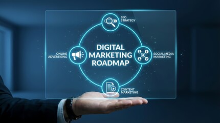 Fototapeta premium A hand holding a digital marketing roadmap on a transparent screen with various online marketing strategies