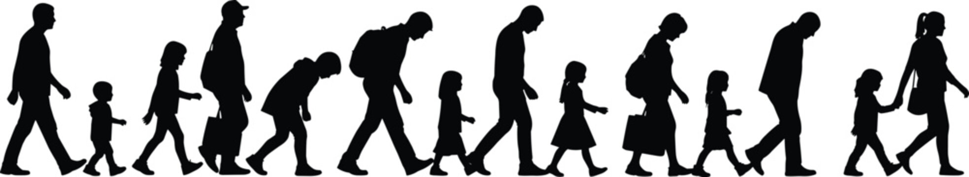 Human life evolution walking sequence silhouette showing growth from child to adult and elderly isolated vector illustration concept