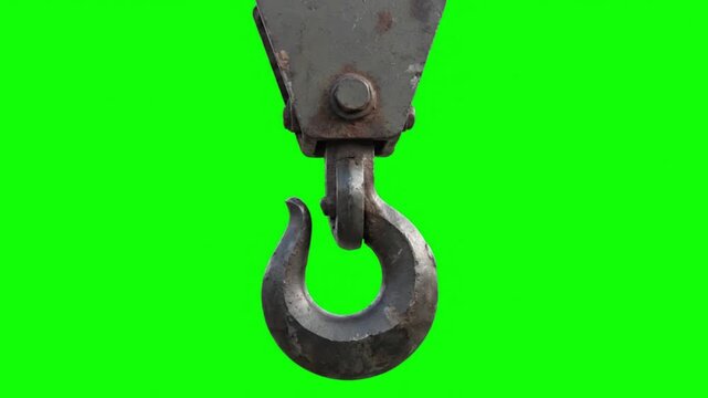 Rusty metal hook on green screen background in industrial close-up for film and video production