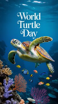World Turtle Day underwater scene with sea turtle coral reef tropical fish and deep blue ocean light