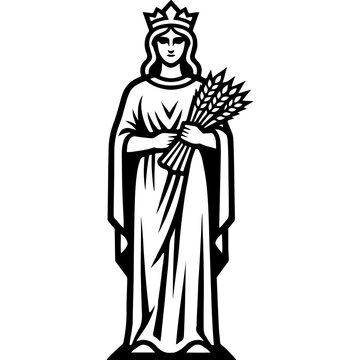 Graceful Greek goddess of fertility Demeter standing in flowing robes, holding ears of wheat and cornucopia overflowing with fruits, crowned, serene face, black and white vector statue logo
