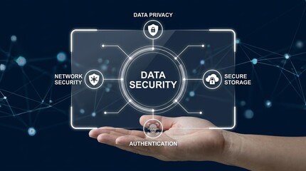 Fototapeta premium A hand holding a digital data security concept with icons for network security, authentication, secure storage, and data privacy.