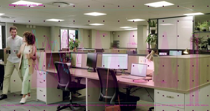 Woman and man entering with coffee, pausing at office desk, pointing at screens, reviewing report