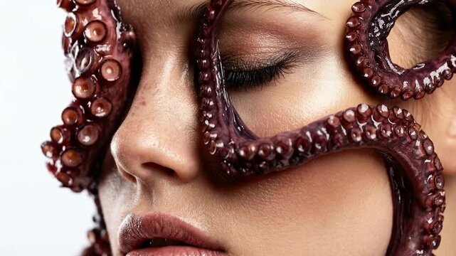 Artistic close up portrait of woman with octopus tentacles wrapped across face merging beauty and marine fantasy in bold surreal conceptual imagery