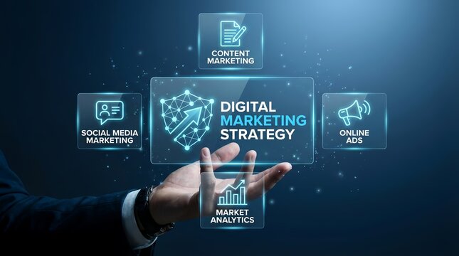 A hand in a business suit presenting a digital marketing strategy with icons representing various online marketing concepts