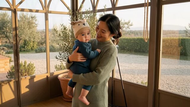 East Asian mom in sage knit dress holding her baby in a teal romper by a potted olive tree in warm golden light, perfect for family lifestyle content.