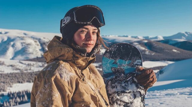 Snowboarder standing on snowy mountain ridge under clear blue sky capturing winter adventure freedom and breathtaking alpine travel destination