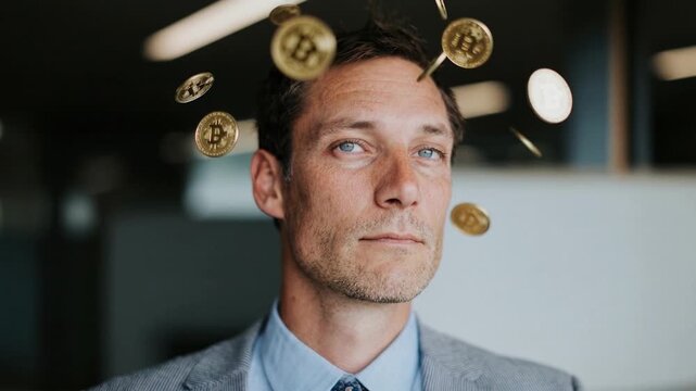 Businessman looking upward as Bitcoin coins float around head symbolizing profit opportunity financial success and investment growth in competitive economic climate