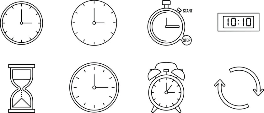 Collection of timekeeping icons, analog clocks, stopwatch, digital clock, hourglass, alarm clock, refresh symbol, productivity design, flat vector illustration