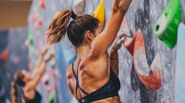 Determined female athlete climbing indoor wall focusing on strength endurance agility and concentration during intense training session in modern gym environment