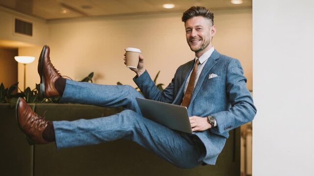 Confident executive relaxing with coffee and laptop in modern interior expressing productivity flexibility success and balanced work lifestyle approach