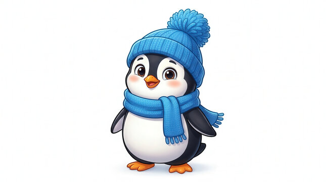 Adorable Penguin Wearing Warm Winter Clothing with Blue Hat and Scarf