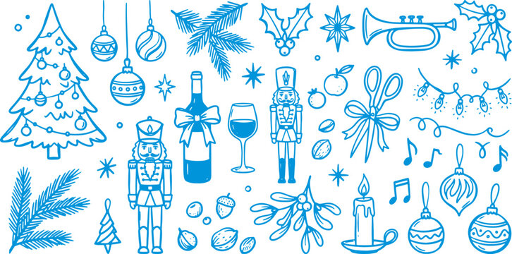 Christmas icons and symbols in blue on white background festive holiday decorations and objects