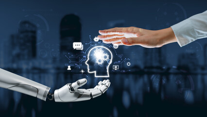 Human hand interacting with robotic hand and digital AI brain interface with gear and smart...