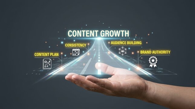A hand cradling a glowing digital roadmap for content growth with key concepts highlighted