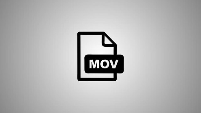 Mov file format symbol animation, black and white icon, digital video data storage concept