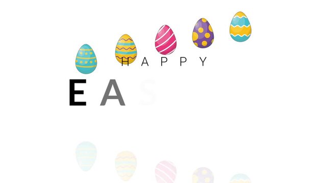 4K Happy Easter greeting card animation with colorful eggs bouncing in a seamless loop on white background, featuring soft reflection for a playful festive look ideal for holiday promotion.