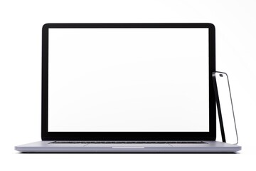 3D render of laptop and smartphone mockups on clean white studio background.