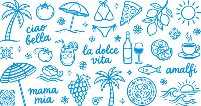 Italian summer vacation icons with palm trees food and drinks on white background