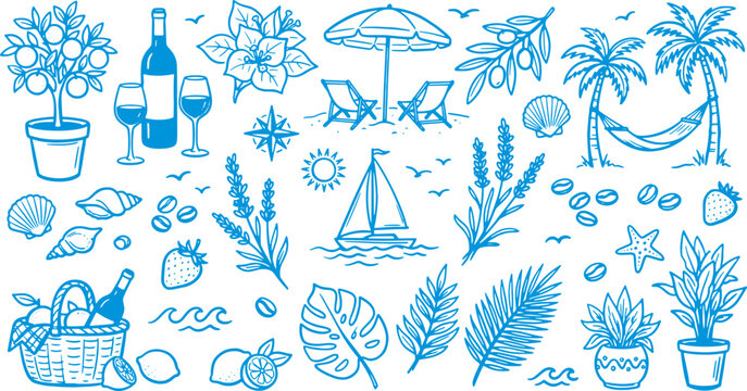 Summer vacation icons beach symbols tropical illustrations travel and leisure graphics palm trees wine sailboat hammock beach elements on white background