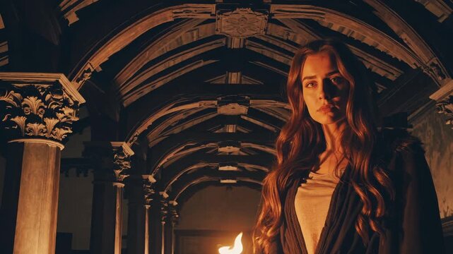 Woman holding candle in gothic hall. Dramatic lighting highlights architecture and portrait expression. Holding flame creates mystery and atmosphere. Interior shows column vault and ornate detail.