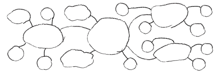 Handdrawn black crayon flowchart or a mindmap on white bg. Several connected bubbles connected with lines on white board. Sketch of a diagram in doodle style. Vector illustration © Kusandra